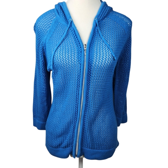 Chico's Vibrant Blue Loose Knit Hoodie Cover Up Size 1 Small - Picture 3 of 9